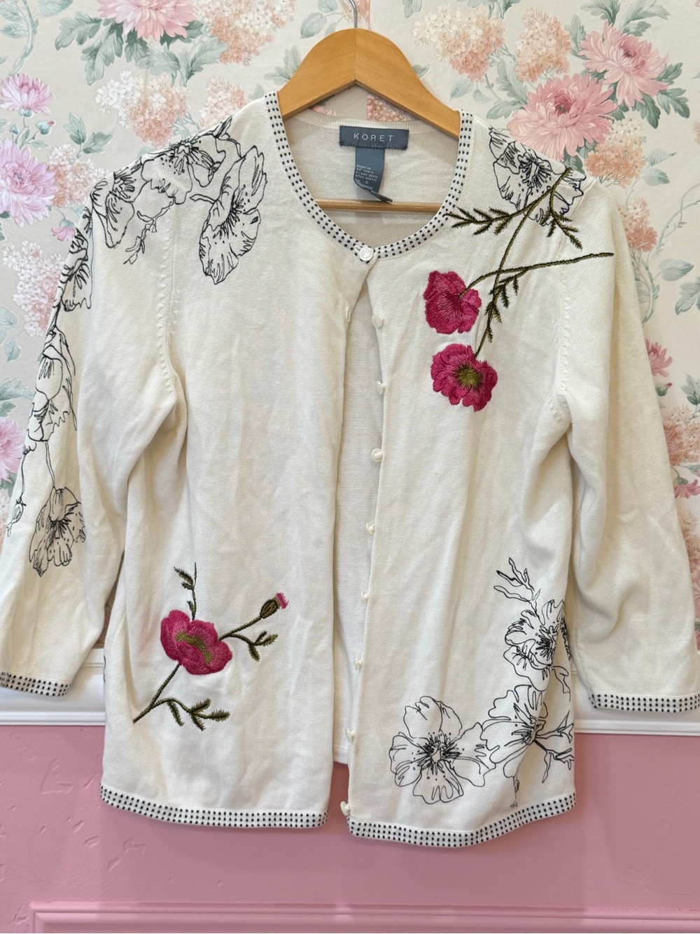 Koret Cream Cardigan with Pink Floral Embroidery